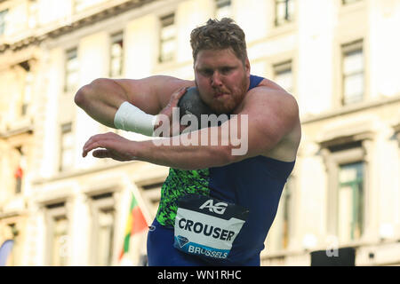 Bruxelles, Belgique. 12Th Mar, 2019. Ryan Crouser des États-Unis fait concurrence au cours du lancer du poids hommes finale de la finale de la Ligue de diamant de l'IAAF 2019 à Bruxelles, Belgique, le 5 septembre 2019. Credit : Zheng Huansong/Xinhua/Alamy Live News Banque D'Images
