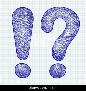 Question et d'Exlamation marques. Blue hand drawn sketchin grunge style. Sur papier ligné arrière-plan. Vector illustration Illustration de Vecteur