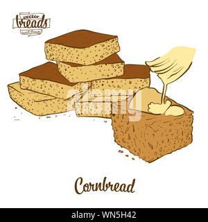 Dessin couleur du Cornbread pain. Vector illustration de Cornbread food, généralement connue en Amérique. Pain de couleur des croquis. Illustration de Vecteur