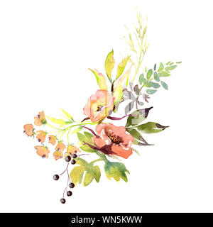 Suite nuptiale mariage romanric doux bouquet de fleurs rustiques . Dessin aquarelle rose et violet et orange fleurs ornament Banque D'Images