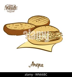 Dessin couleur d'Arepa pain. Vector illustration de Cornbread food, habituellement connu en Amérique du Sud. Pain de couleur des croquis. Illustration de Vecteur