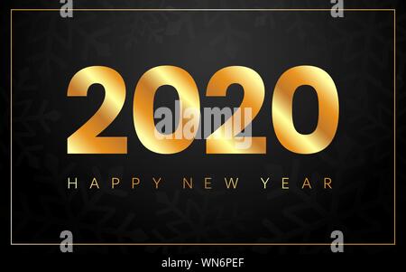 Bonne année 2020. Bannière de luxe d'or. Joyeux Noël carte avec cadre doré et flocons de neige. Texte lumineux sur fond noir. Concept de Noël. Vector Illustration de Vecteur