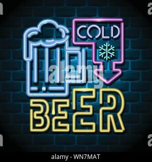 Bière froide neon enseigne publicitaire Illustration de Vecteur