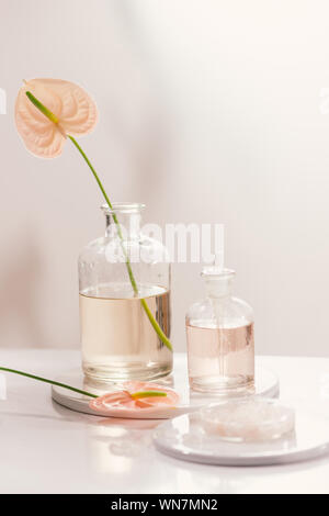Bouteilles avec différentes huiles de parfum sur la table Banque D'Images