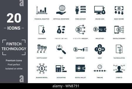 La technologie Fintech icon set. Télévision remplis contiennent le revenu de base, la technologie, la réglementation fiscale bitcoin, noosphère artificielle kyc, modèle d'affaires, Banque D'Images