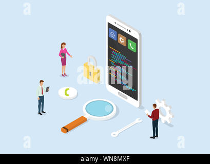 Concept de développement d'applications business avec le smartphone et de programmation de code de script avec style télévision isométrique - vector illustration Banque D'Images