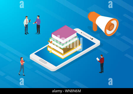 Concept de l'éducation en ligne avec des livres et des applications smartphone avec les gens et de l'équipe style télévision isométrique - vector illustration Banque D'Images