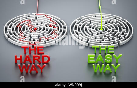 La manière forte et la manière simple de textes en face de labyrinthes ronde. 3D illustration. Banque D'Images