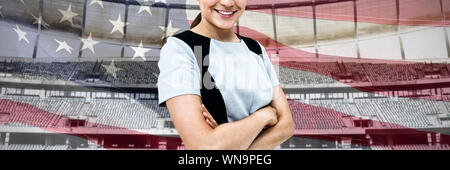 Image composite de portrait of smiling businesswoman standing with arms crossed Banque D'Images