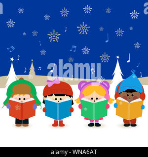 Garçons et filles chantant des chants de Noël à la nuit du réveillon de Noël dehors dans la neige. La chorale d'enfants Carolers de Noël chante joyeusement dans les terres d'hiver Banque D'Images