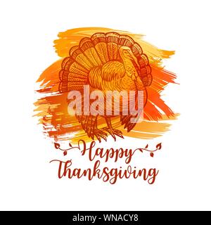 Joyeux Thanksgiving Turquie. La Turquie signe handdrawn isolé sur blanc pour les vacances de Thanksgiving. Vector illustration vintage avec éclaboussures jaune Illustration de Vecteur