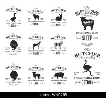 Butcher Shop américain design étiquettes ensemble avec la Turquie Autruche, oiseau, cheval, vache, l'agneau. Les animaux de ferme logo grunge des modèles. Silhouettes d'animaux. Peut être utilisé pour des bannières, publicité typographie Illustration de Vecteur