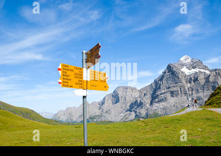 Tourisme en signe jaune, Première suisse donnant distances et directions pour les randonneurs dans les Alpes suisses. Célèbres sentiers de randonnée par Grindelwald menant à Bachalp. Paysage alpin d'été en arrière-plan. Banque D'Images