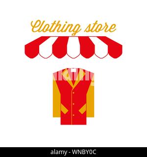 Magasin de vêtements de signer, de l'emblème. Auvent à rayures rouge et blanc tente. Icône vestimentaire. Les couleurs or et rouge. Télévision Vector Illustration. Illustration de Vecteur
