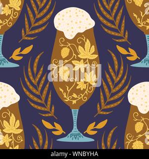 Festival de la bière modèle transparent vecteur. Illustration couleur Oktoberfest avec un verre de bière sombre et roue épillets. Illustration de Vecteur