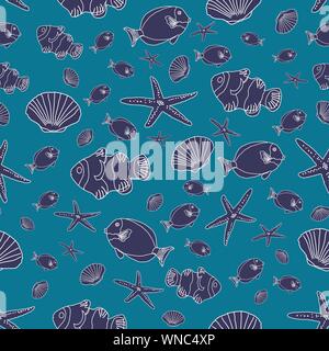 Sea life dessinés à la main, sur un fond bleu de l'océan. Motif de fond transparent. Illustration de Vecteur