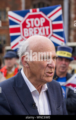 Vince Cable a rejoint par des militants et des nouveaux députés Libdem pour célébrer le meilleur résultat des élections européennes dans l'histoire du parti, Lambeth, London, UK Banque D'Images