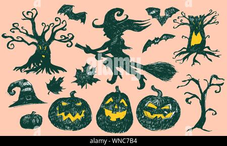 Vector hand drawn Spooky Halloween silhouettes noires éléments. Convient pour carte d'invitation, Halloween party poster. Illustration de Vecteur