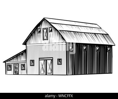 Grange de ferme isolé sur fond blanc style croquis dessinés à la main, l'illustration. Grange en bois monochrome image contour vectoriel Illustration de Vecteur