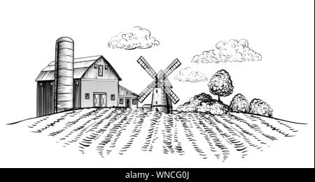 Grange de ferme et moulin à vent sur le terrain agricole paysage rural part style croquis illustration horizontale. Le noir et blanc paysage rural vector illustration Illustration de Vecteur