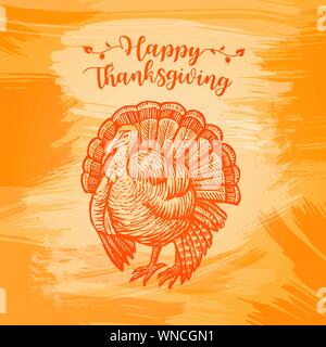 Joyeux Thanksgiving Greeting Card design avec la Turquie. La Turquie handdrawn arrière-plan pour les vacances de Thanksgiving. Vector illustration vintage avec éclaboussures jaune Illustration de Vecteur