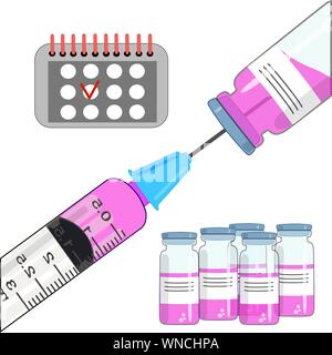 Il est temps de se faire vacciner. Concept plat d'une seringue avec un vaccin. Une bouteille de médicaments. Isolé. Calendrier de vaccination. Vecteur Illustration de Vecteur