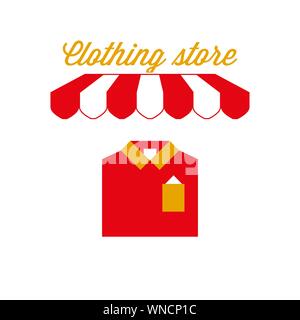 Magasin de vêtements de signer, de l'emblème. Auvent à rayures rouge et blanc tente. Icône vestimentaire. Les couleurs or et rouge. Télévision Vector Illustration. Illustration de Vecteur