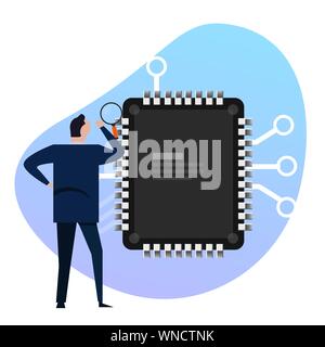 Puce micro numérisation avec loupe, à la recherche de bugs de la conception . Recherche technologie Illustration de Vecteur