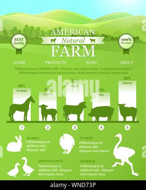 American Farm infographie avec paysage lumineux, des silhouettes d'animaux de ferme. Modèle de scénario pour l'atterrissage, une page web et de conception de bannières publicitaires, cartes d'affaires. Illustration de Vecteur