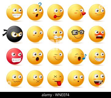 Smileys visages de caractères emoji vecteur. Smiley émoticone avec face jaune en vue de côté, et mignon comme expression du visage triste, effrayé, en colère, heureux. Illustration de Vecteur