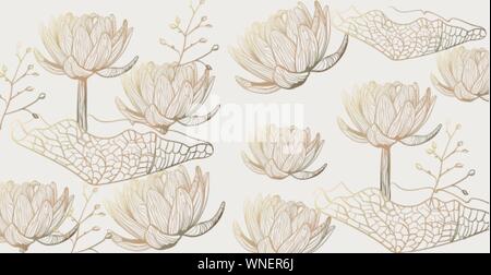 Modèle Lotus ligne vectorielle d'or brillant texture art décor floral Illustration de Vecteur