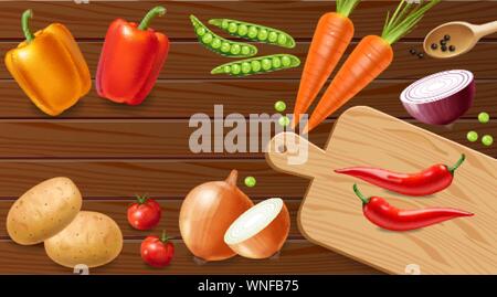 Légumes sur table en bois Vector réaliste. Dîner végétarien menu. L'alimentation saine poster template Illustration de Vecteur