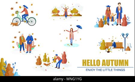 Les gens d'automne collection set Vector style plat. Femme à vélo, vieux couple et famille balade illustration Illustration de Vecteur