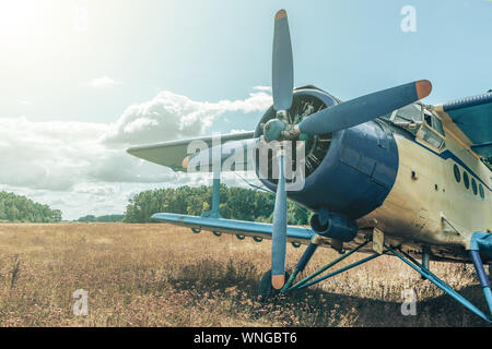 Beau bleu et jaune avion sur un fond de ciel et de la forêt. Des avions d'époque. Banque D'Images