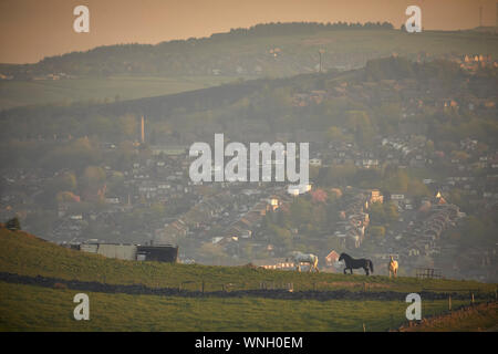 Tameside landmarks, vue de Hartshead Pike hill. Banque D'Images