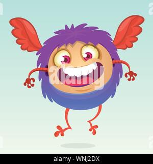 Heureux caricature flying monster. Vecteur Halloween monstre violet moelleux Illustration de Vecteur