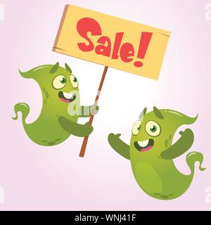 Cute cartoon monster holding sale signe. Jeu de monstres verts pour le shopping discout Illustration de Vecteur