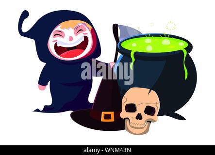 Garçon en costume de mort avec halloween crâne chaudron et hat vector illustration Illustration de Vecteur