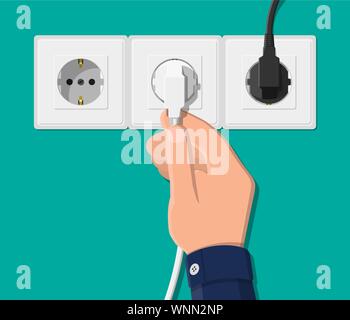 Prise électrique et la main avec bouchon. Composants électriques. Prise secteur avec câble. Vector illustration style de télévision Illustration de Vecteur