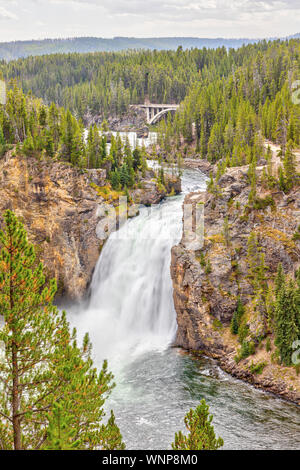 Upper Falls dans le Parc National de Yellowstone avec Chittenden Memorial Bridge en arrière-plan. Banque D'Images