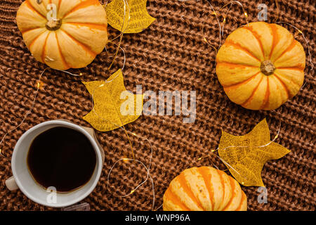 Automne cadre fait de citrouilles, tasse de café et de feuilles mortes sur brown chandail tricoté. Automne, Halloween et Thanksgiving concept. Vue d'en haut. Vide Banque D'Images