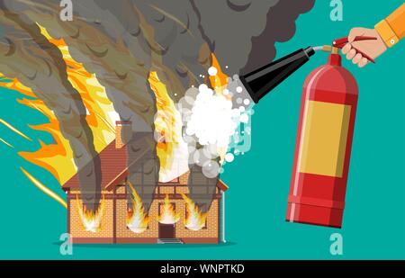Maison en bois brûle le feu au chalet. Éteindre le feu dans la maison. Fireman part avec l'extincteur. Flammes Orange, fumée noire avec des étincelles. Assurance de biens. Catastrophe naturelle. Télévision vector illustration Illustration de Vecteur