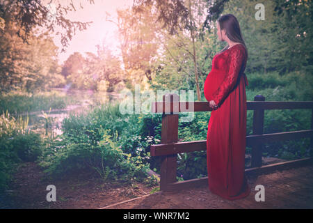 Jeune femme enceinte dans la belle robe rouge est à la recherche et le lac. Fille active dans la grossesse. Photos de Mode Portrait outdoor Banque D'Images