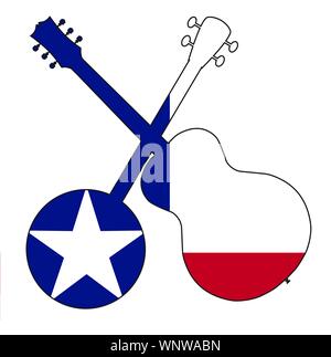 Un typique quatre string banjo en silhouette avec une guitare acoustique sur le flacon de l'état du Texas un fond blanc Illustration de Vecteur