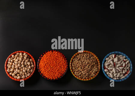 Brun rouge et les lentilles, les pois chiches et les haricots blancs sont des légumineuses qui contiennent beaucoup de protéines sont situés sur un fond sombre dans des bols, horizontal Banque D'Images