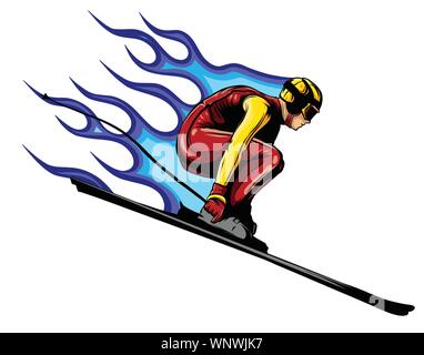 Smiling cartoon skieur. Ski de montagne avec des lunettes de caractère sportif et combinaison de ski. Jeune homme en skis vector illustration. Illustration de Vecteur