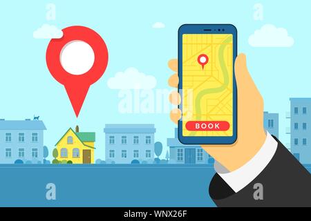Main tenant smartphone à l'hôtel ou auberge de recherche et de réservation en ligne. Broche d'emplacement extérieur du bâtiment de maison. Application mobile recherchant un point gps sur la carte de la ville et sur l'arrière-plan du paysage urbain. Illustration du vecteur eps Illustration de Vecteur