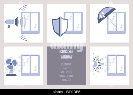 Ensemble d'icônes de la fenêtre Sécurité caractéristiques, étanche, chambres insonorisées, résistance au vent et la température de l'isolant. Groupe d'icônes pour la production de windows Illustration de Vecteur