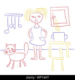 Dessin d'enfant avec des crayons. Cute kids doodle représentant une fillette et un chat dans la cuisine. Fille ou Femme à la cuisson des aliments. Vector EPS10 Illustration de Vecteur