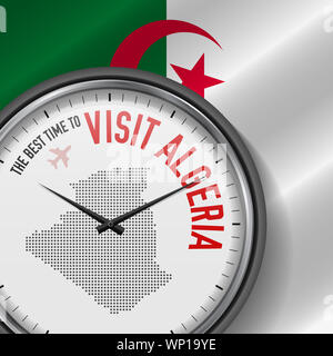 Le meilleur moment pour visiter l'Algérie. Voyager en Algérie. Vol touristique. Waving Flag Background and Dots Pattern Map sur le cadran. L'illustration. Banque D'Images